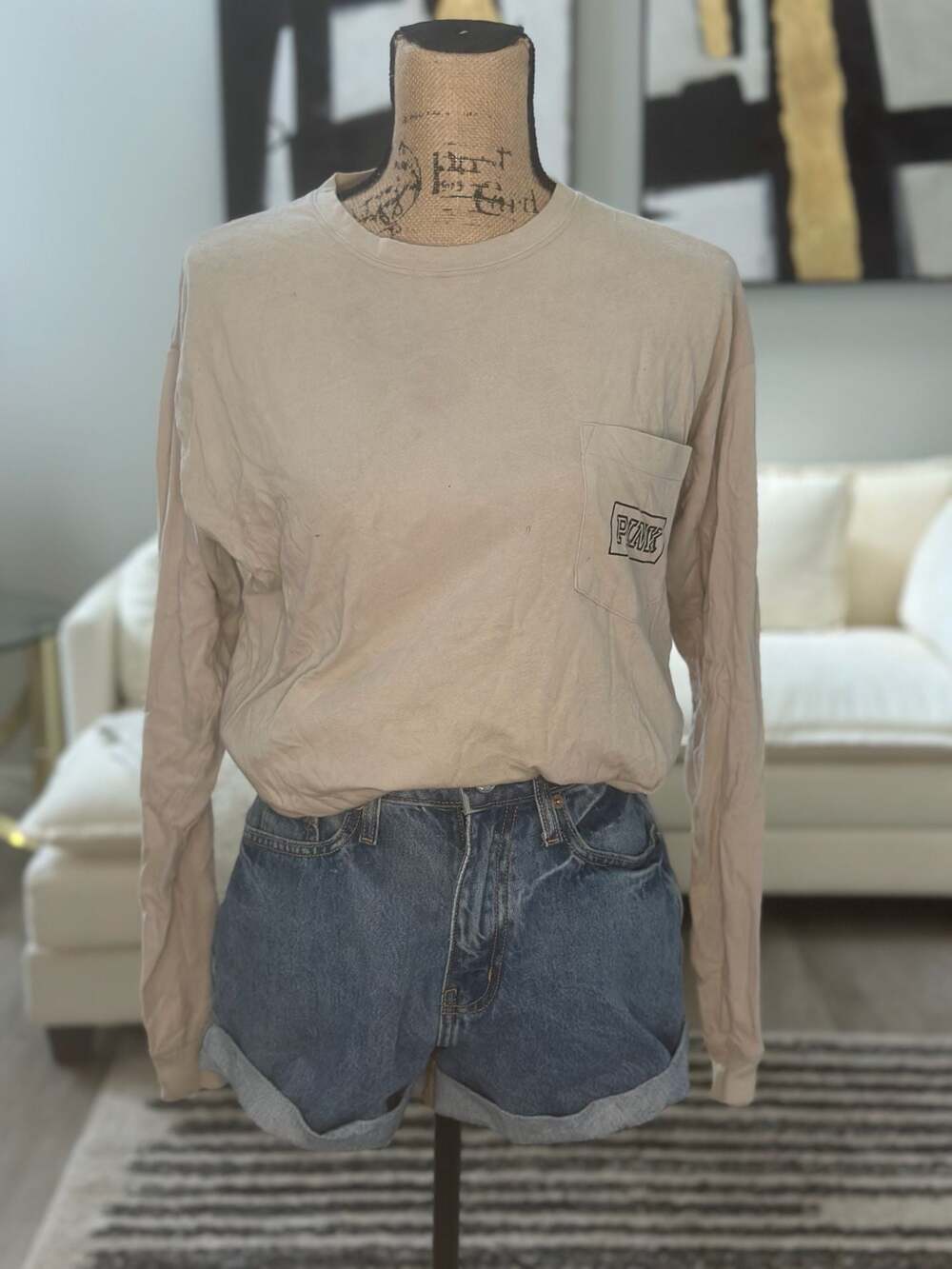 Victoria's Secret PINK Long Sleeve Pocket T-Shirt Tan Floral Back Graphic